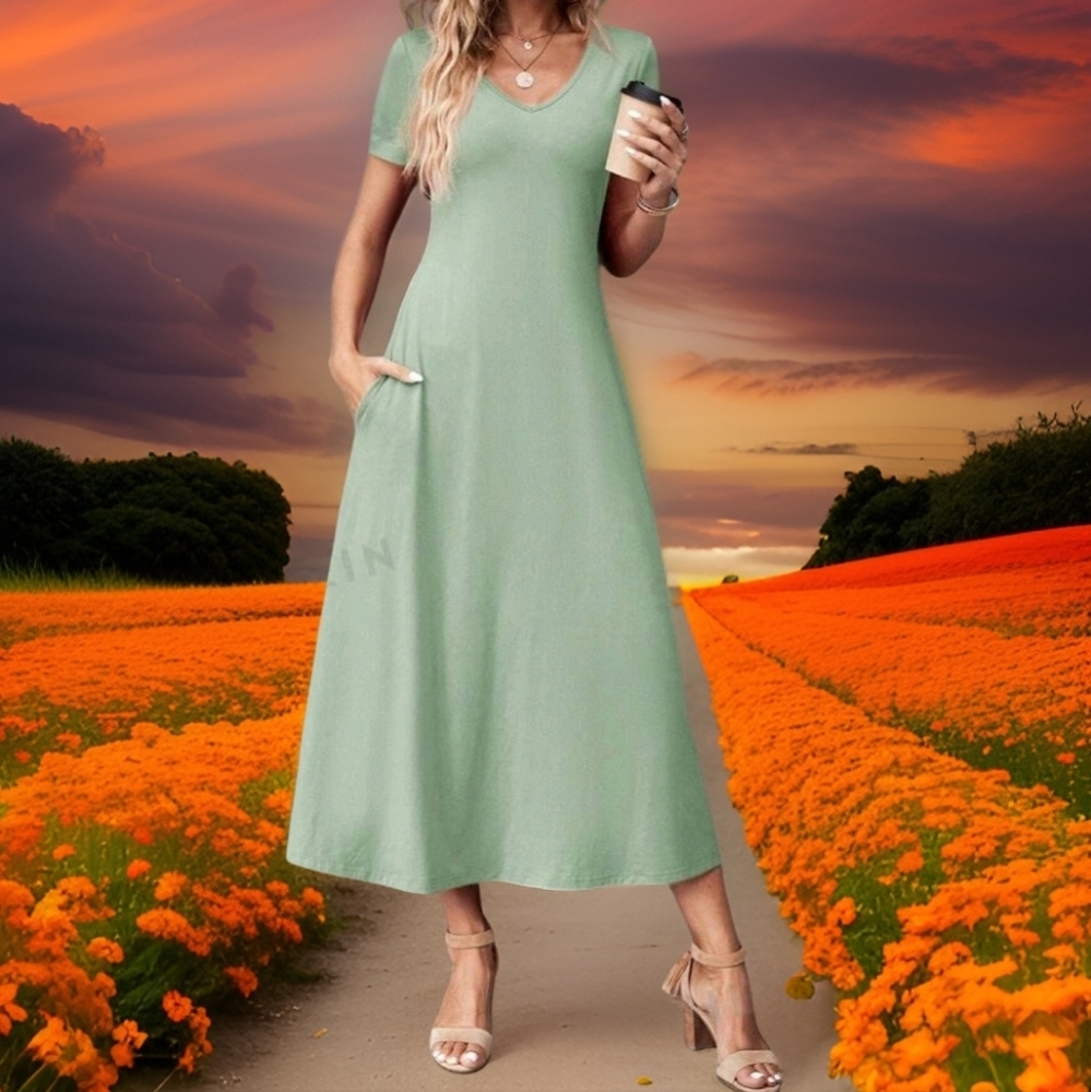 V-Neck POCKET Dress NWT! Short Sleeve. Green SIZES: SM, MED, LRG, XL Long